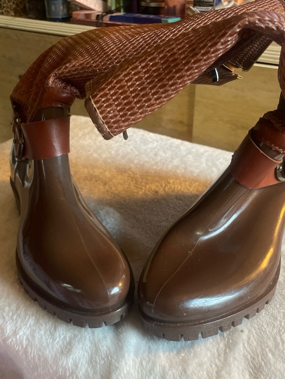 Brown Rain Boots with Woven Cuff